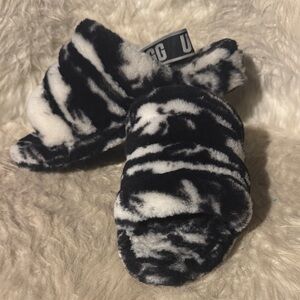 UGG Black and White Fuzzy Slides